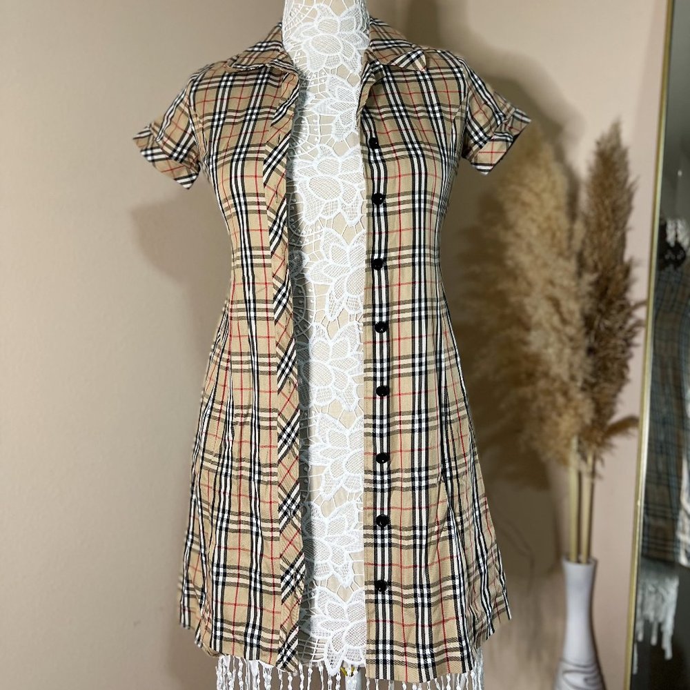 Burberry Beige Plaid Mini Dress with Black & Red Accents XS